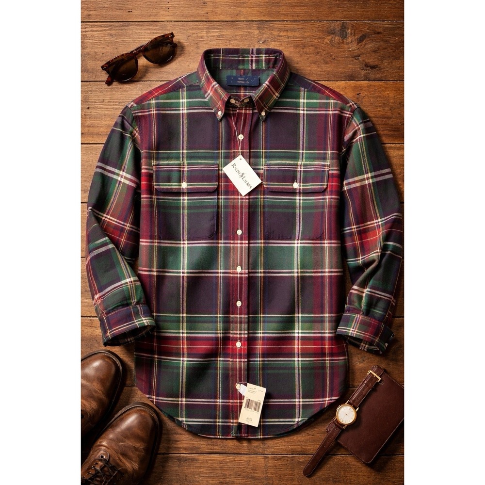 Polo Ralph Lauren Shirt‎ Mens M Plaid Oxford Button Preppy Holiday Cotton